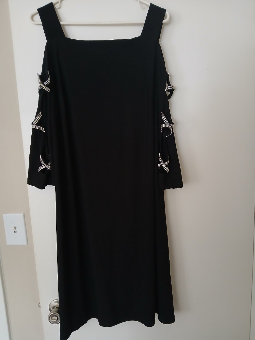 Black Cold-Shoulder Evening Dress with Embellished Sleeves